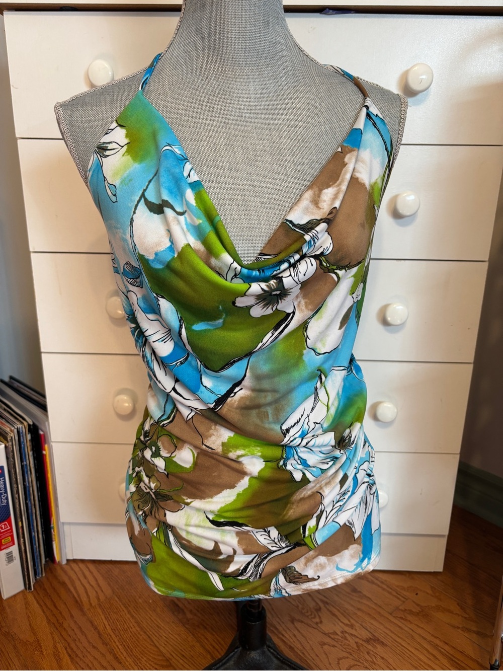 Suzy Shier Blue Green Brown Floral Cowl Neck Camisole